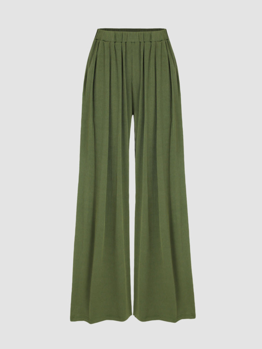 Cider Solid Elastic Waist Pocket Wide Leg Pants Green - Size L