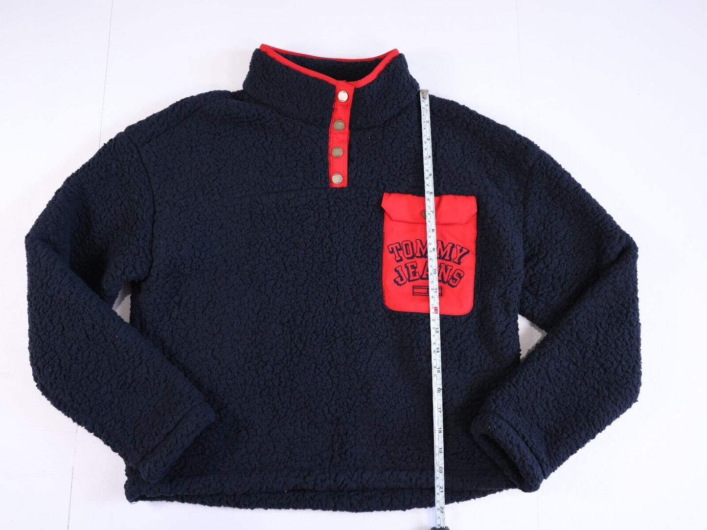 $99 Womens Tommy Jeans Hilfiger Logo Pocket 1/4 Snap Fleece Sherpa Pullover M