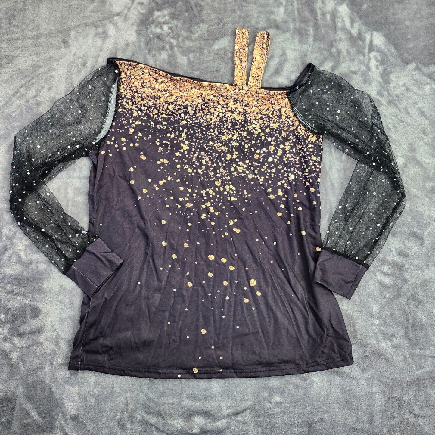 luhan Women's Mesh Cold Shoulder Tops Shiny Mesh Splicing Long Sleeve Shirts Sm