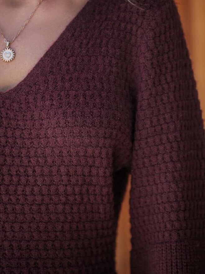 Sweater Dress V Neck Honeycomb Long Sleeve Textured Fall Knit Pullover SMALL