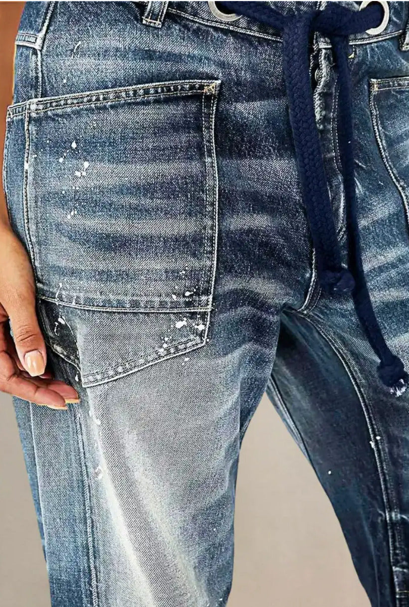 Flamingals Women's Drawstring Grommet Eyelet Mid Waist Wide Leg Barrel Jeans 4/6