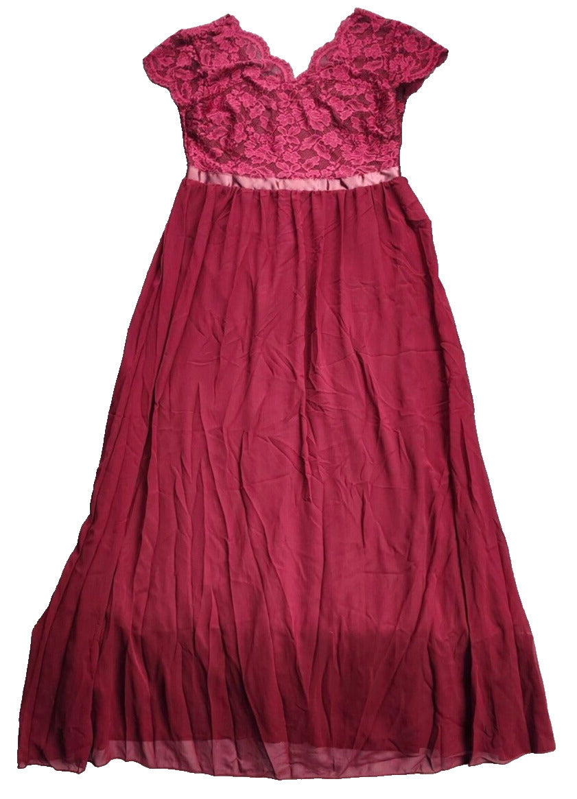 Lace Chiffon Dress Bridesmaid Evening Gown Crew Neck Long Maxi Dress (Red, XL)