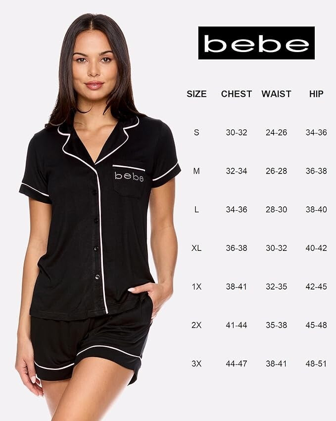 bebe Womens Pajama Sets Button Down Shirt and Shorts Sleepwear Black Pink Size M
