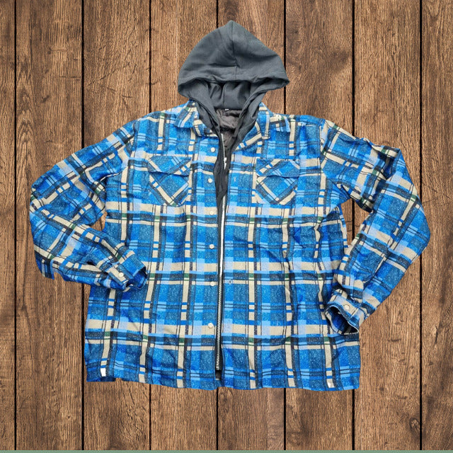 Men's Zip up Quilted Lined Button Down Plaid Jacket with Hood Blue L