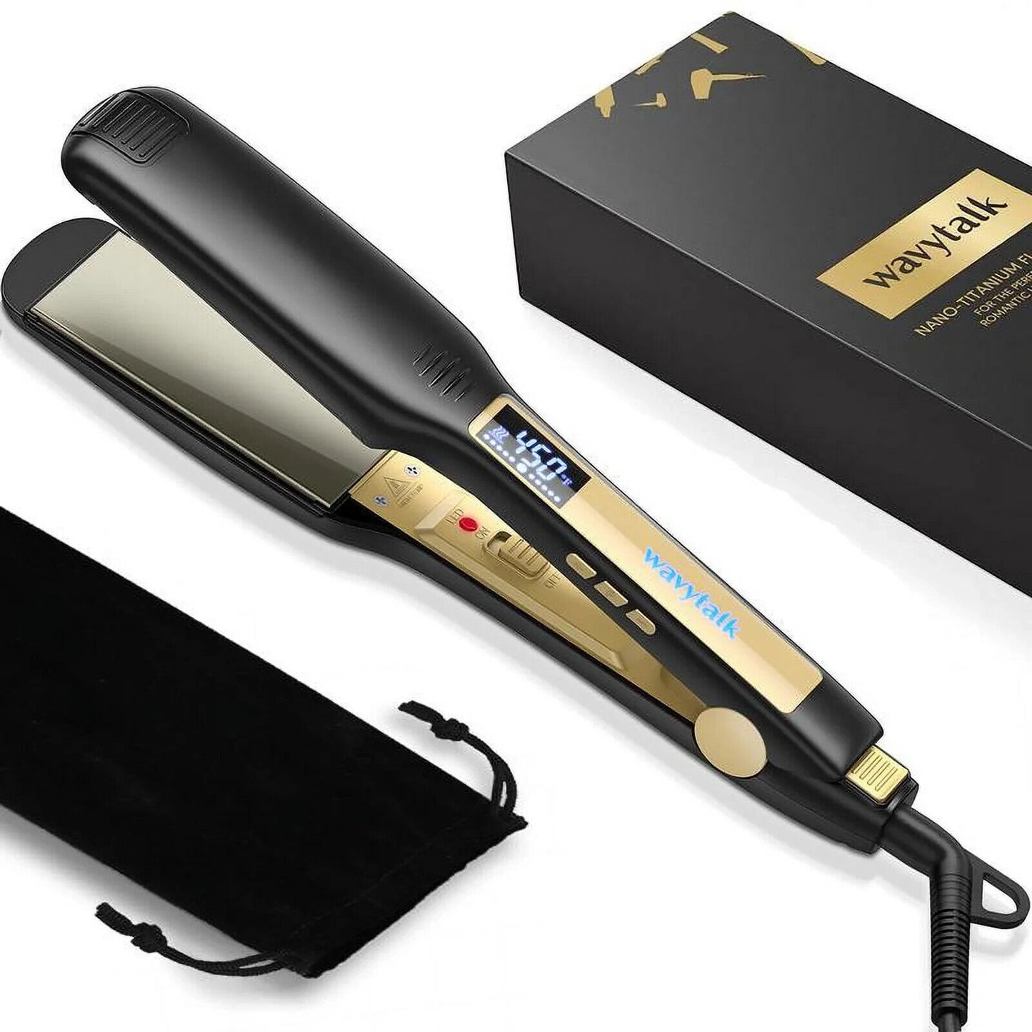 Wavytalk Hair Straightener 1.7 Inch Wide Titanium Wet 2 Dry Flat Iron Black Gold