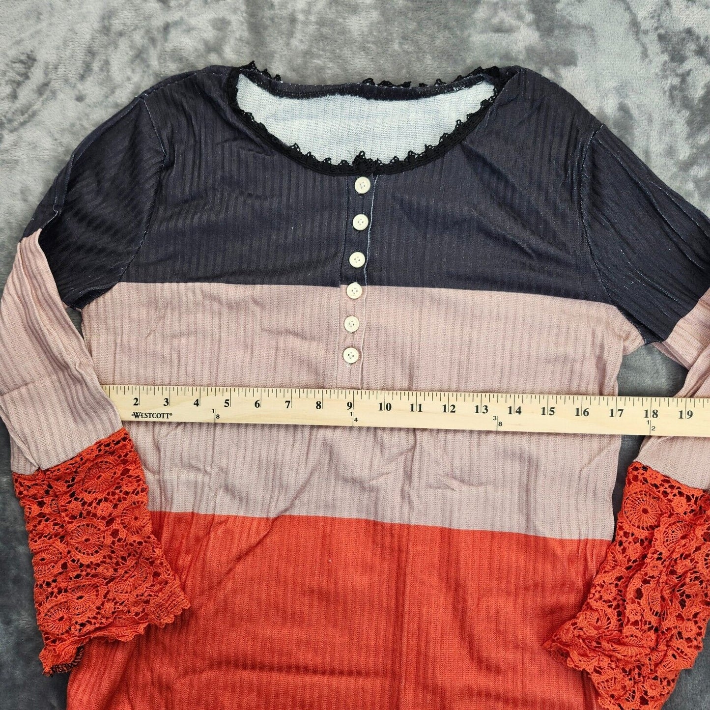 Women's Slim Tops Shirt Long Sleeve Hole Striped U-Neck Top Buttoned L