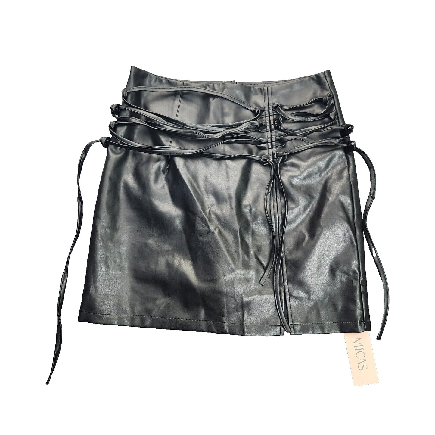 MICAS Womens Black Faux Leather Mini Skirt with Ties Size Large