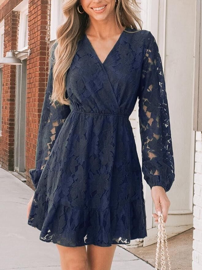 Elegant V Neck Lace Peasant Sleeves Summer Dress High Waist A Line XL