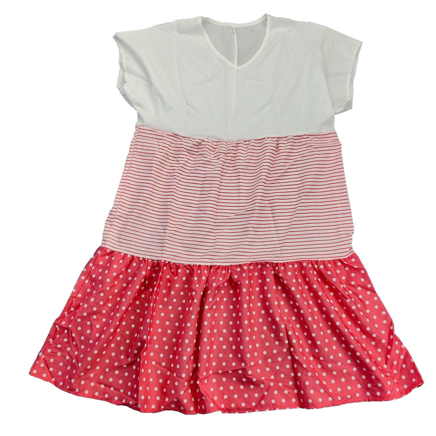 Women Short Sleeve Polka Dot Striped Summer Midi Dress Casual Sundress Pink XL
