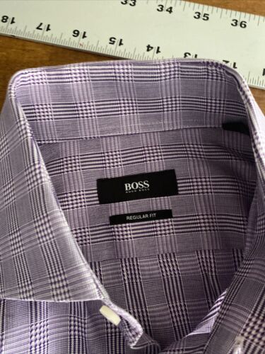 Hugo Boss Dress Shirt Mens 15.5 Blue Striped Purple Sleeve Finest Italian Fabric