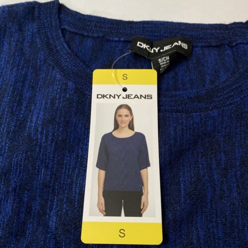 DKNY Jeans Shirt Top Women SMALL Electric Blue Marled Knit Pullover Short Sleeve