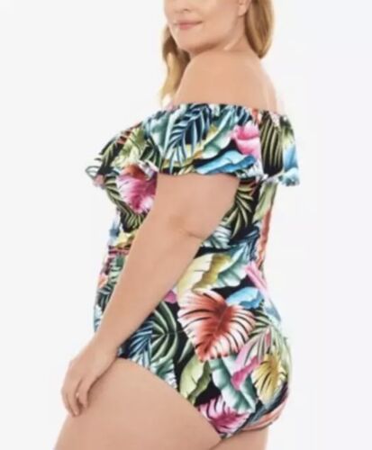 Swim Solutions Ruffled Off-The-Shoulder Tummy-Control One-Piece Size 24W