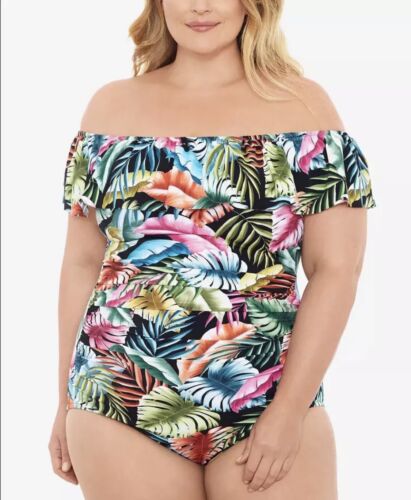 Swim Solutions Ruffled Off-The-Shoulder Tummy-Control One-Piece Size 24W