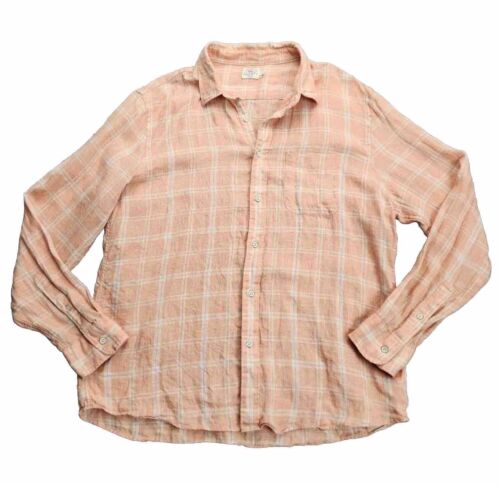 FAHERTY Brand Men's 100% Linen Button up Shirt Orange Plaid long sleeve sz XL