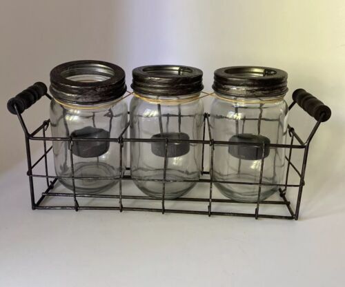 Farmhouse Glass Jars 12" x 6" With Tea Lights In Metal Wire Basket Wood Handles