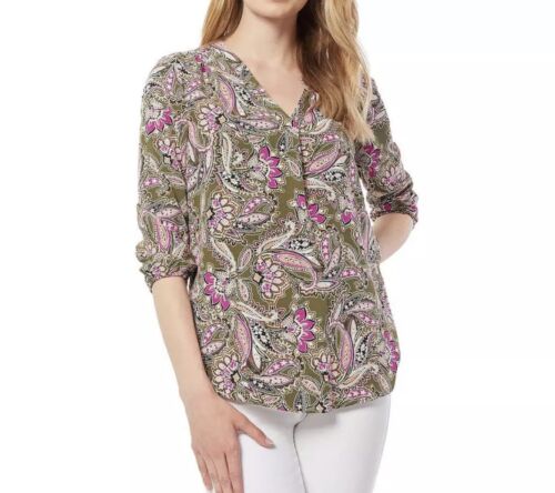 Jones New York Womens Paisley V-Neck Pleated Front Blouse Shirt Size XS