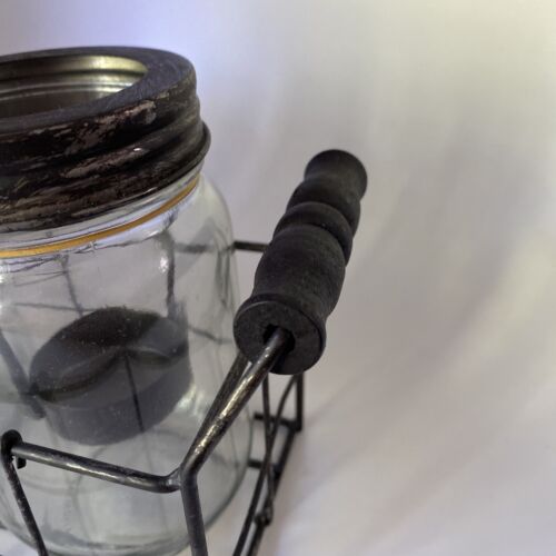 Farmhouse Glass Jars 12" x 6" With Tea Lights In Metal Wire Basket Wood Handles