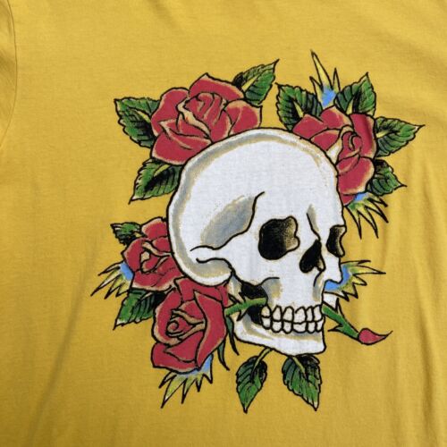 VTG Ed Hardy Mens MED Yellow T Shirt Skull and Flowers Floral Christian Audigier