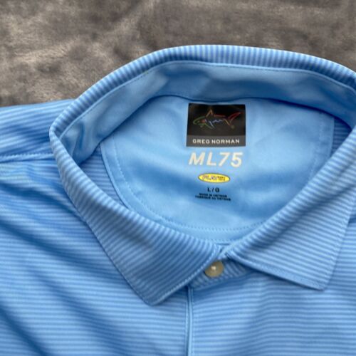 Greg Norman Golf Polo Shirt Men's Play Dry Performance Nany Blue Striped