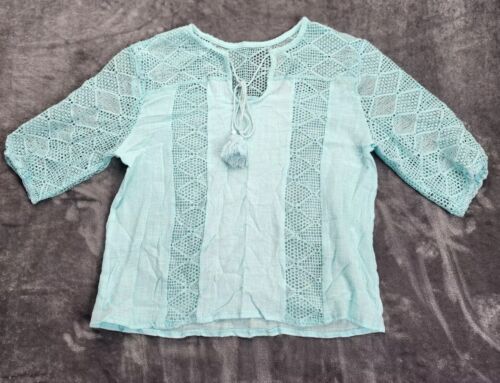 Women Summer Blouse Cotton Solid Color Hollow O-Neck 3/4 Sleeve Lace Size 4XL