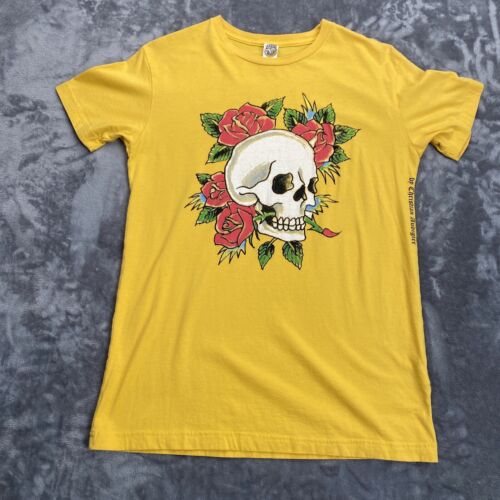 VTG Ed Hardy Mens MED Yellow T Shirt Skull and Flowers Floral Christian Audigier