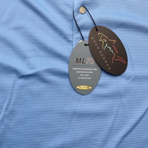 Greg Norman Golf Polo Shirt Men's Play Dry Performance Nany Blue Striped