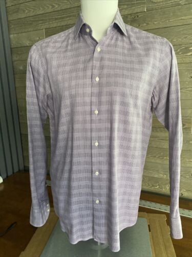 Hugo Boss Dress Shirt Mens 15.5 Blue Striped Purple Sleeve Finest Italian Fabric