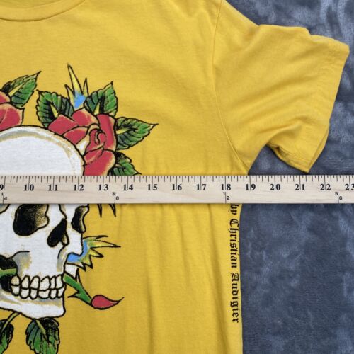 VTG Ed Hardy Mens MED Yellow T Shirt Skull and Flowers Floral Christian Audigier