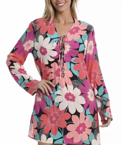 MSRP $103 La Blanca Lace-Up Tunic Cover-Up Floral Size XS