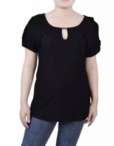 NY Collection Women's Double Flutter Sleeve Swiss Dot Top (Black, Petite Large)