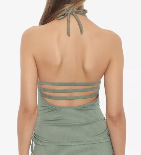 Salt + Cove OLIVE GREEN Ribbed Shirred Halter Tankini Swim Top, US X-Small