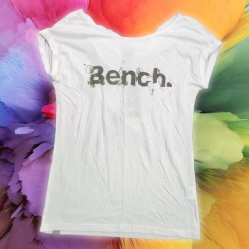 Bench Urban Wear Womens White Cap sleeve T-Shirt with Grunge Logo Size Small