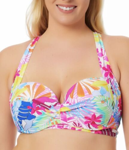 California Waves ESF13285 Trendy Plus Size Tropical-Print Bikini Top 16/18