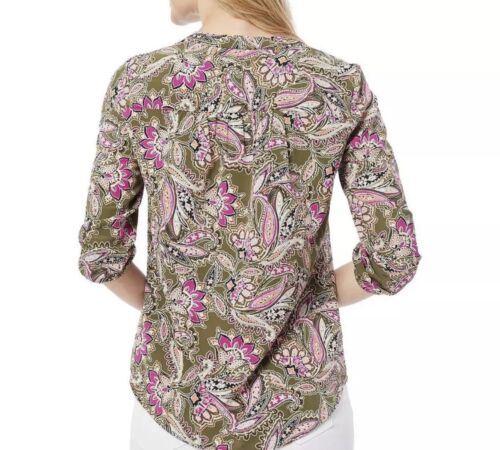 Jones New York Womens Paisley V-Neck Pleated Front Blouse Shirt Size XS