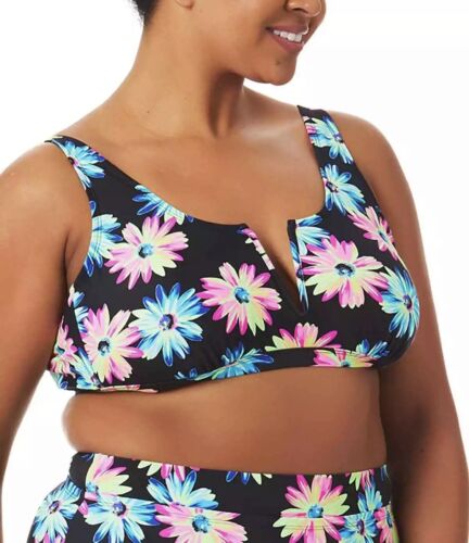 California Waves Trendy Plus Size Gerber Daisy Bralette Bikini Top - 1X - Mul...