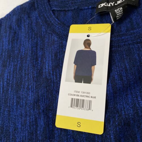 DKNY Jeans Shirt Top Women SMALL Electric Blue Marled Knit Pullover Short Sleeve