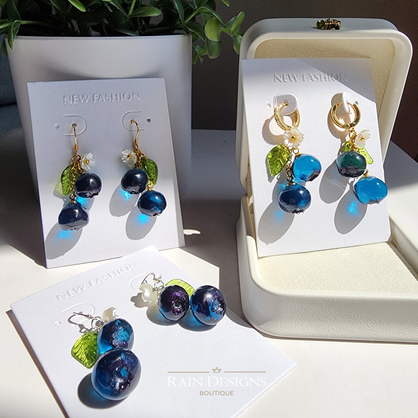 Blueberry Dangle Earrings| Handmade Resin Blueberry Cluster Fruit Earrings