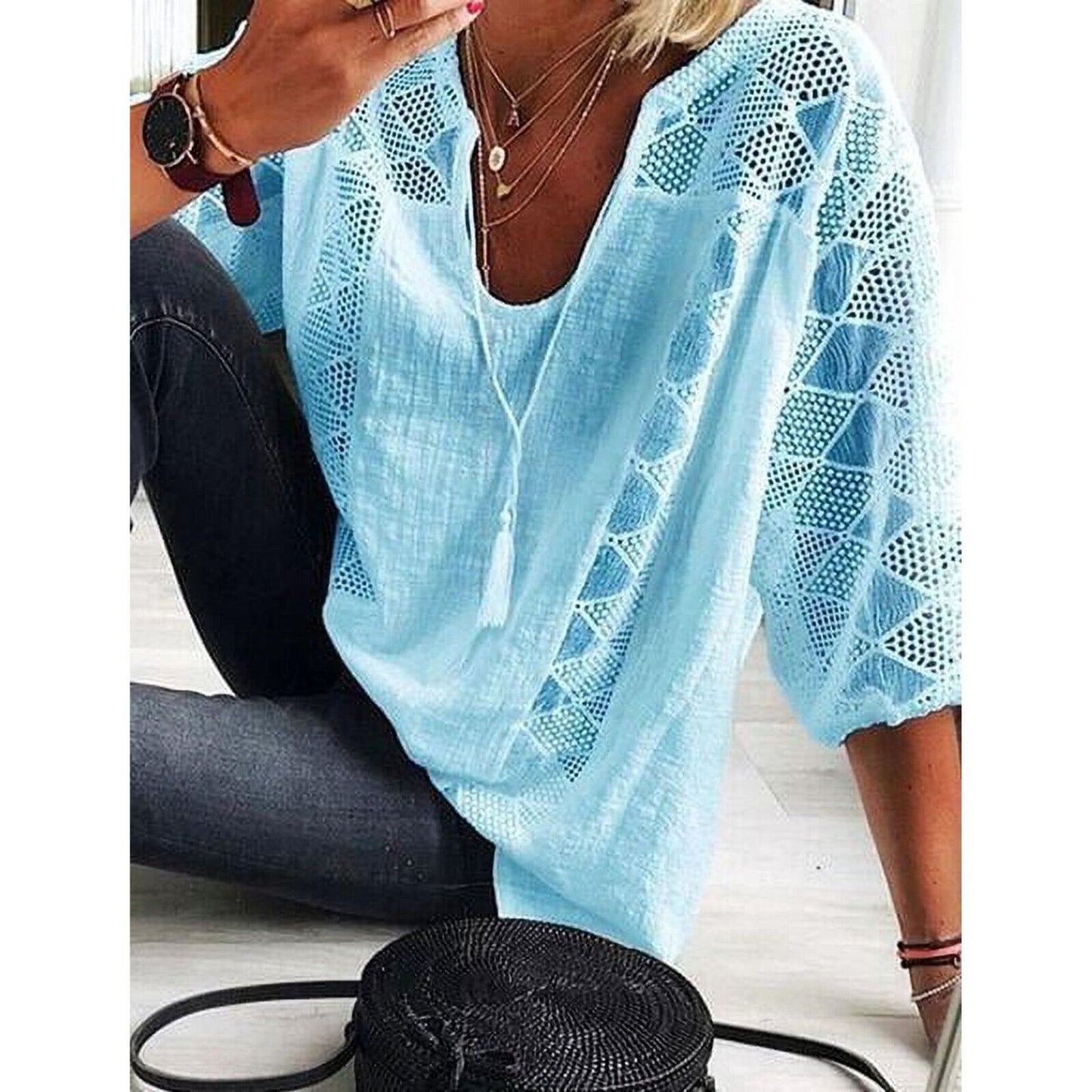 Women Summer Blouse Cotton Solid Color Hollow O-Neck 3/4 Sleeve Lace Size Medium