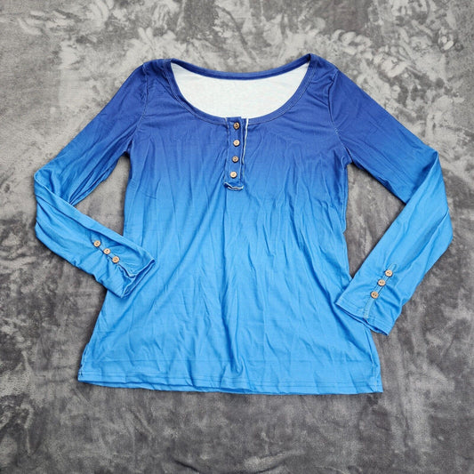 Women Gradient V-neck Long Sleeve Button Blouse Size Blue Medium