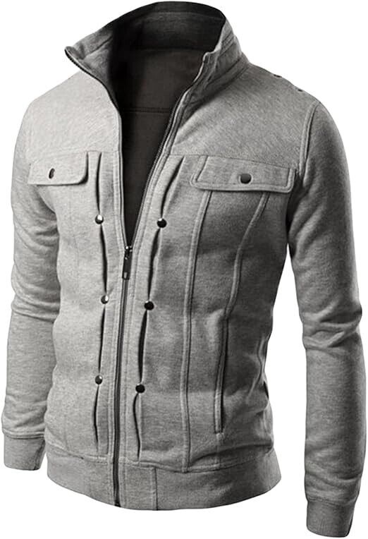 Men's Washed Cotton Military Outdoor Jackets Casual Slim Fit Grey XXL