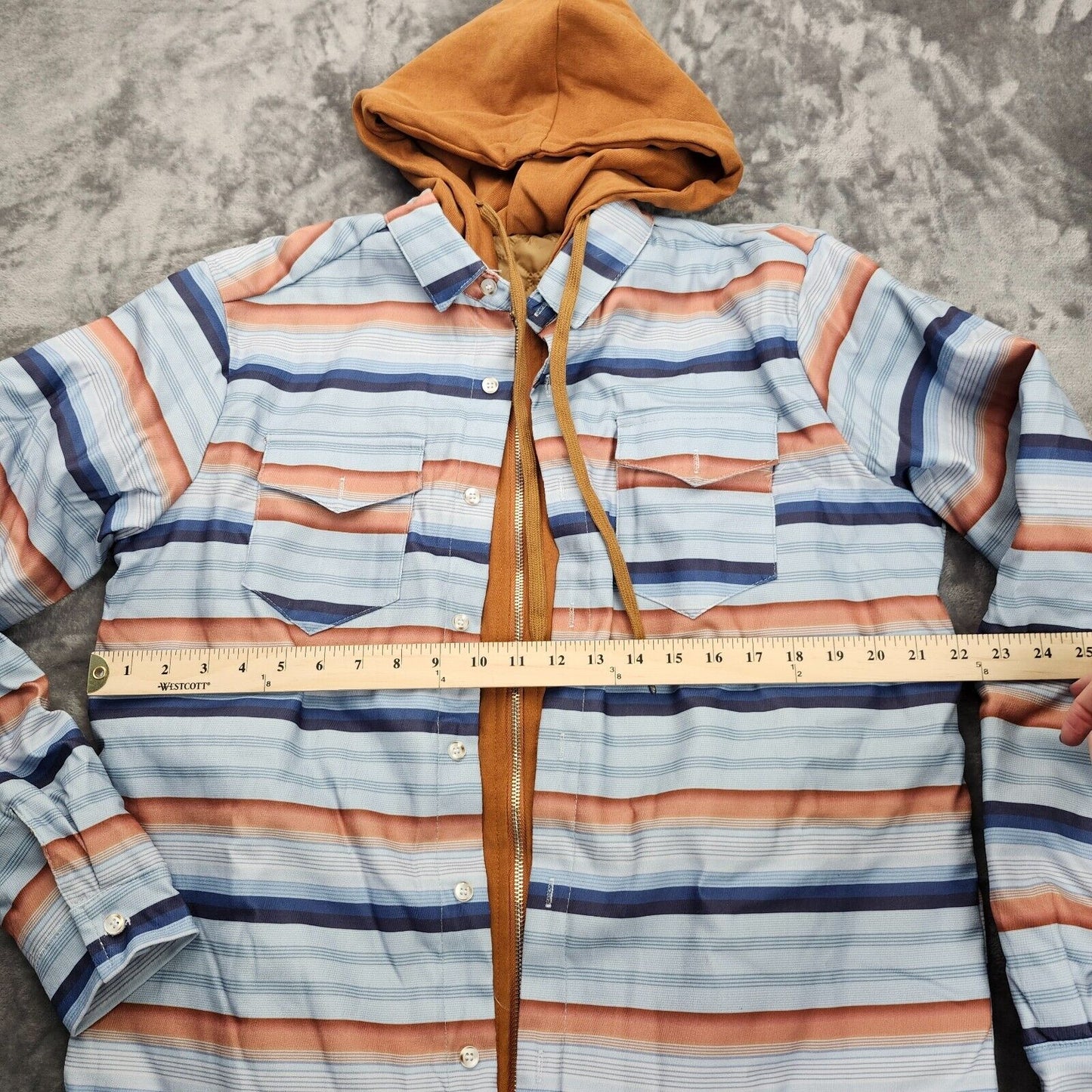 Mens Flannel Jacket with Zipper Hood Long Sleeve Quilted Striped Medium