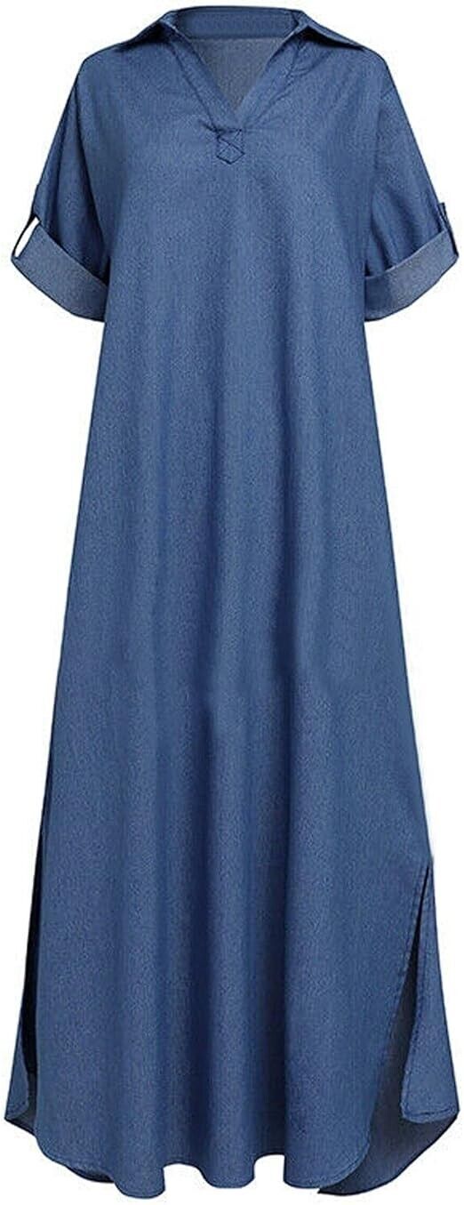 Womens Summer Dress Loose Turn-Down Long Women's Denim Collar Dress 3XL