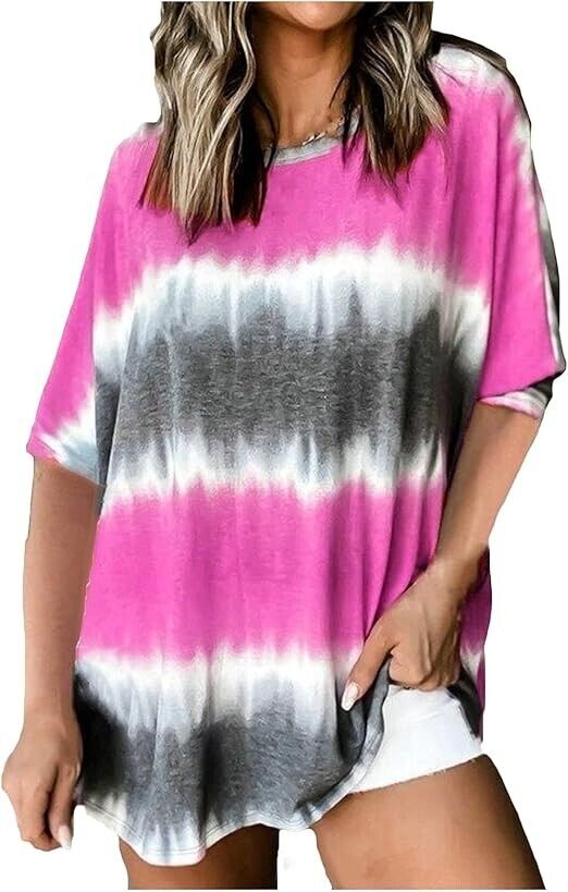 Women’s Crew Neck Short Sleeve Tie Dye Tee Shirts Pink Stripes Size 5XL