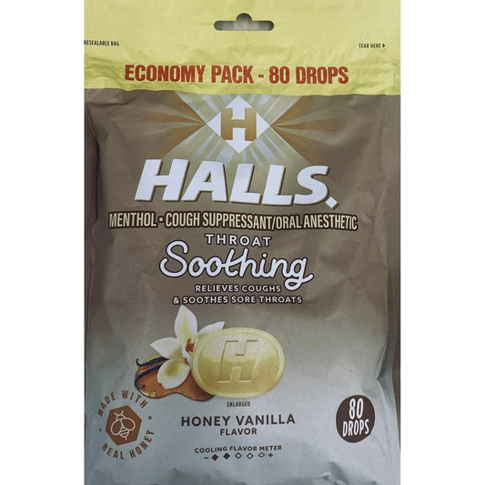 Halls HONEY VANILLA Throat Soothing Lozenges Menthol Cough Suppressant 80 Drops