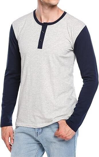 Hotouch Mens Long Sleeve Henley Slim Fit Contrast Color T-Shirt Gray Navy XL