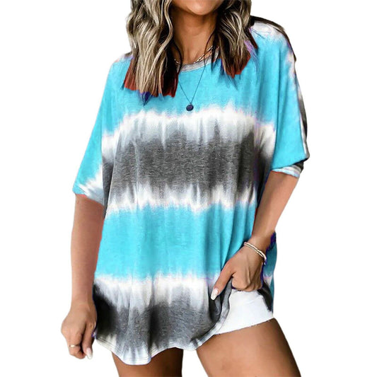 Women’s Crew Neck Short Sleeve Tie Dye Tee Shirts Blue Stripes Size 2XL