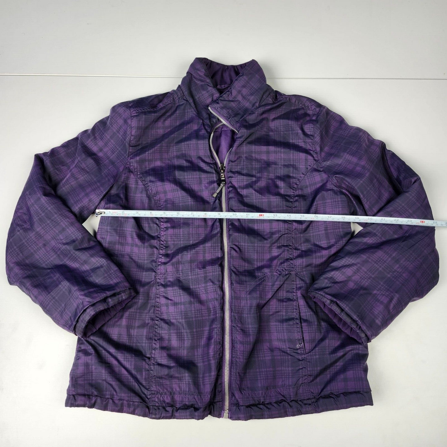 st johns bay womens reversible jacket purple solid/plaid size Medium
