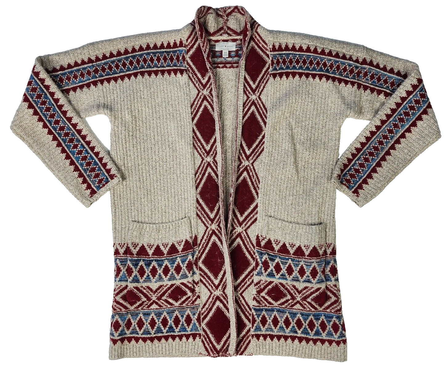 LUCKY BRAND SIZE M OPEN FRONT CARDIGAN SWEATER SOUTH WESTERN PRINT AZTEC