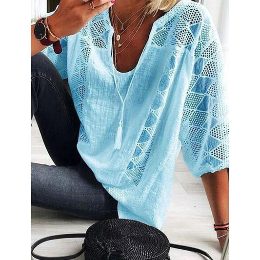 Women Summer Blouse Cotton Solid Color Hollow O-Neck 3/4 Sleeve Lace Size Large