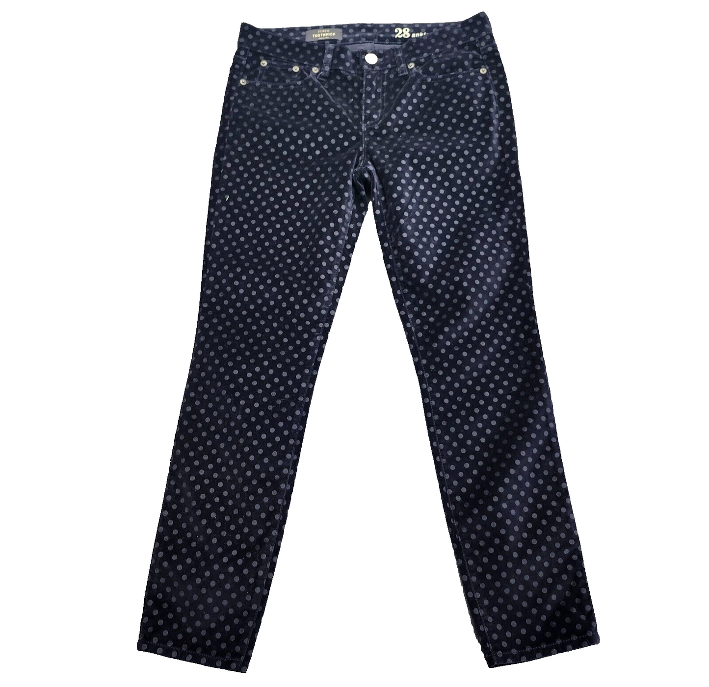 J.Crew Toothpick Skinny Ankle Pants velvet navy blue fabric with polka dots 28